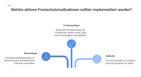 Infografik zeigt die drei Säulen des aktiven Frostschutzes: Nassanlagen, Trockenanlagen und Gebäude mit ihren jeweiligen Schutzmaßnahmen und Symbolen.