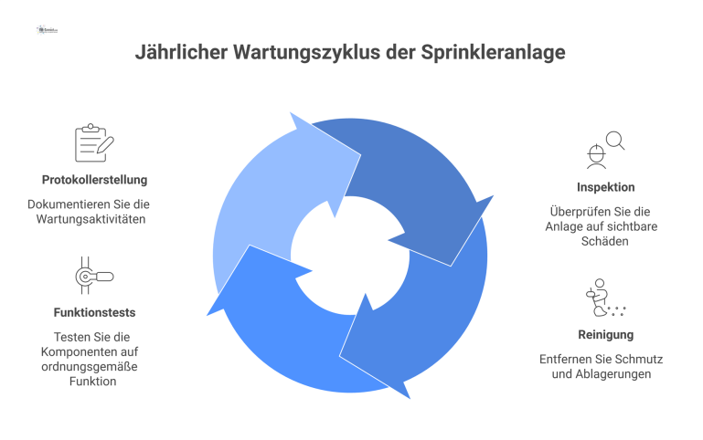 Jährliche Wartung einer Sprinkleranlage Prozessdiagramm der jährlichen Wartung einer Sprinkleranlage nach DIN EN 12845 mit den Hauptschritten Inspektion, Reinigung, Funktionstests und Protokollerstellung.