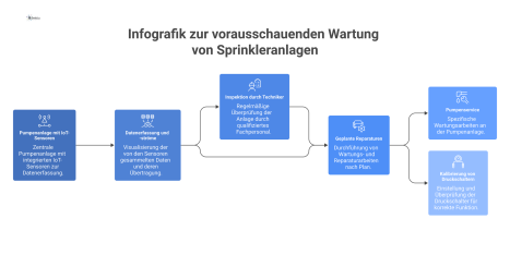 Infografik zur vorausschauenden Wartung einer Sprinkleranlage mit Pumpe, IoT-Sensoren, Datenströmen und Aspekten wie Inspektion, Reparatur und Service. 