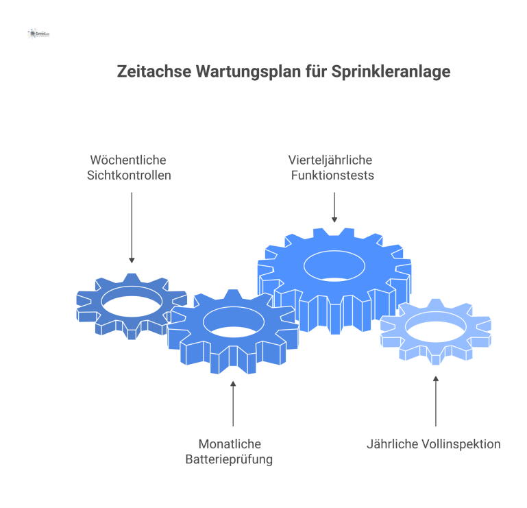 Zeitachse Wartungsplan für Sprinkleranlage Infografik als Zeitachse, die den Wartungsplan einer Sprinkleranlage mit wöchentlichen, monatlichen, vierteljährlichen und jährlichen Aufgaben darstellt.