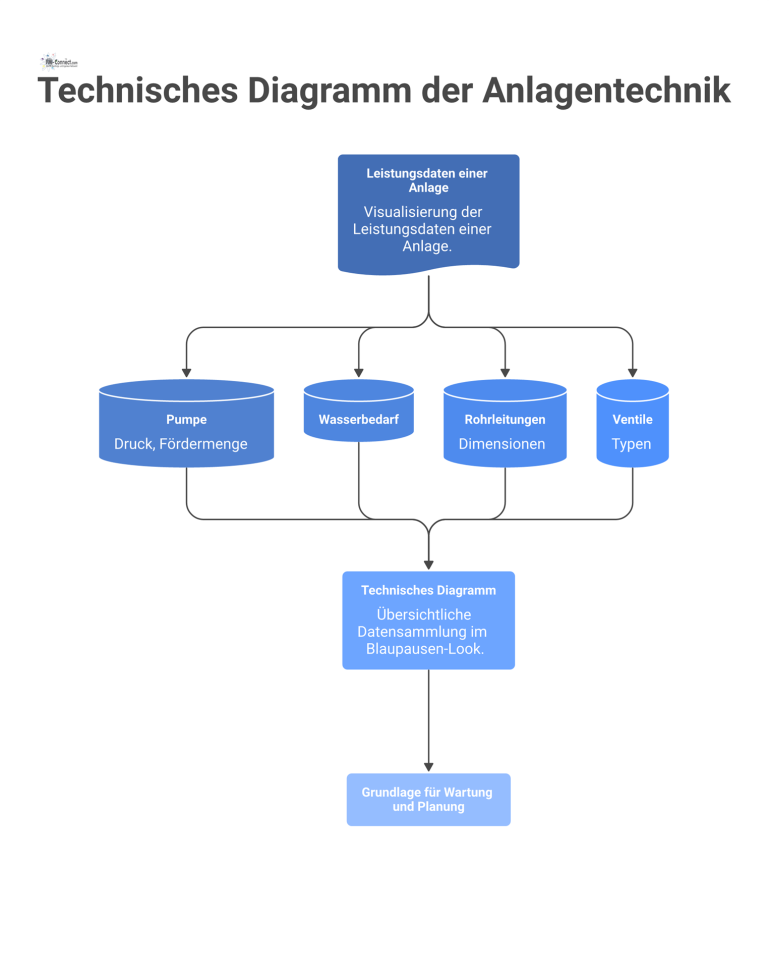 Schematisches Diagramm im Blaupausen-Stil zeigt die Leistungsdaten einer Anlage mit Pumpe, Wasserbedarf, Rohrleitungen und Ventilen für die Wartung. 