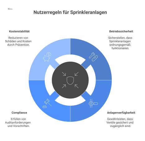  Infografik zeigt ein Schutzschild mit vier präventiven Maßnahmen für Sprinkleranlagen: Betriebssicherheit, Anlagenverfügbarkeit, Compliance und Kostenstabilität.