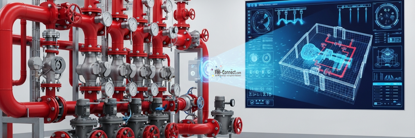 Sprinklerzentrale mit Ventilstationen und Armaturen zur Steuerung der Löschwasserversorgung im Gebäude