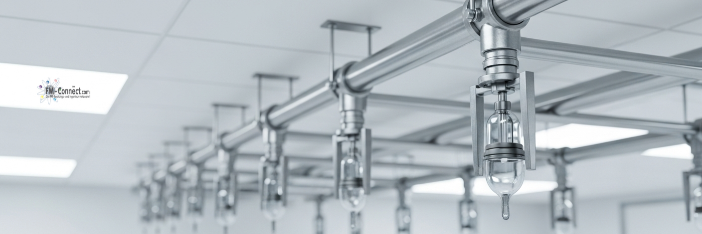 Rohrleitungsnetz von Sprinkleranlagen verteilt Löschwasser gezielt zu den Sprinklerköpfen im gesamten Gebäude